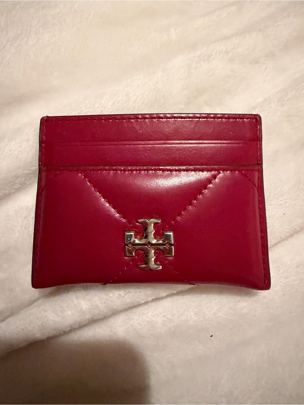 Tory Burch Red Quilted Leather Card Holder with silver logo